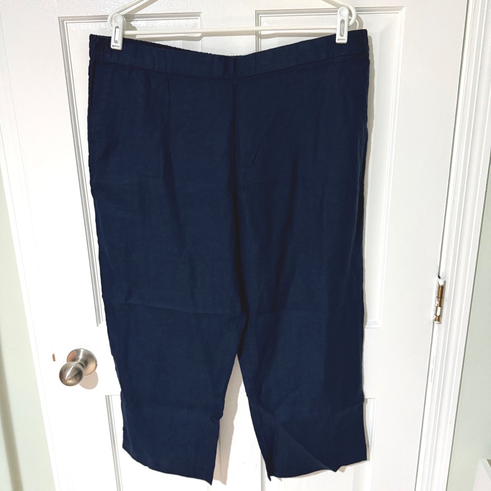 Charter Club Luxury Navy Blue Linen Pants Womens XL Cropped Elastic Waist New